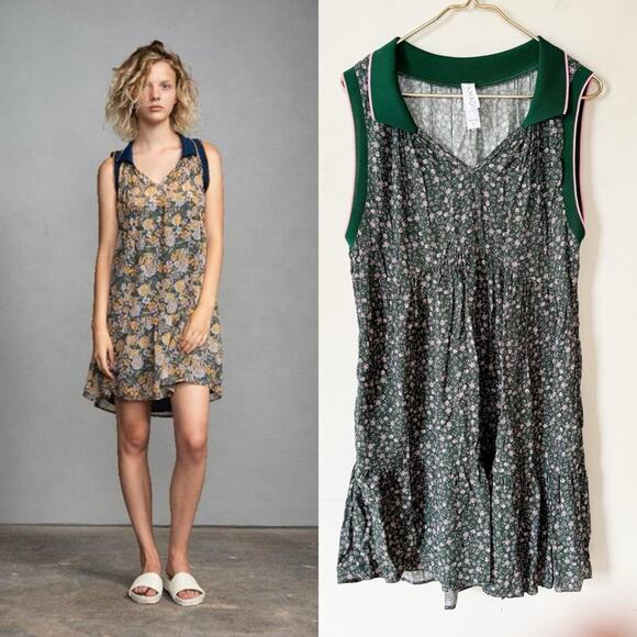 Amadi Green And Pink Floral Tiered Polo Summer Dress Pockets L - Picture 1 of 10